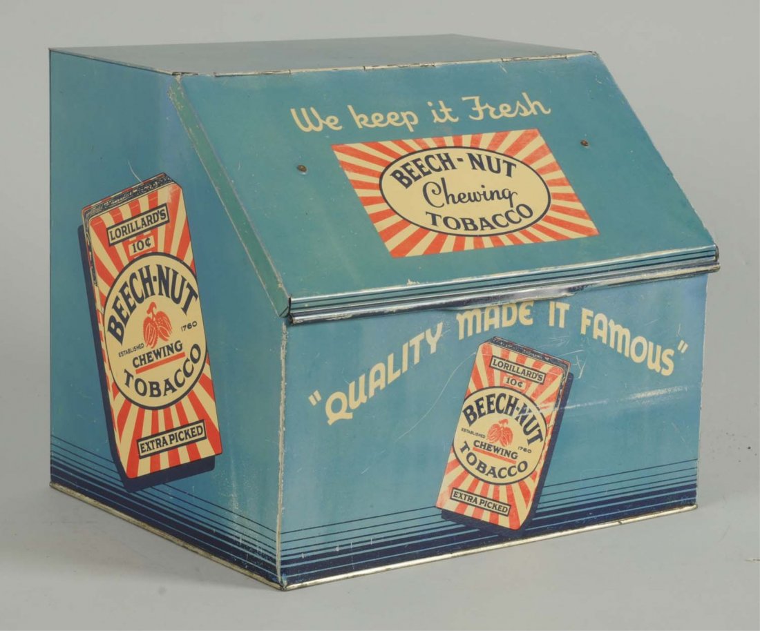 Beech Nut Store Bin.: Respectable overall. Some scattered scratches and surface wear. Solid display piece. Condition (Excellent). Size 10" L.