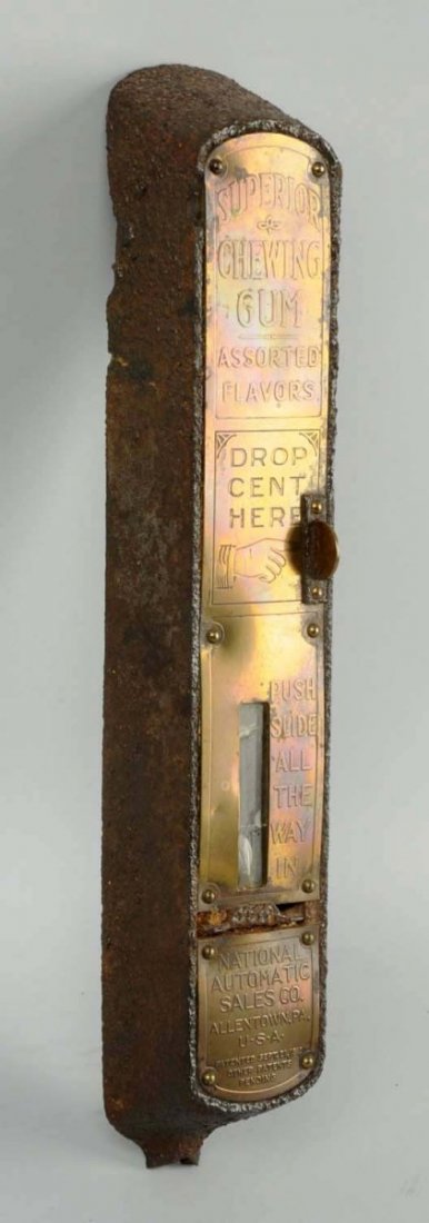 1 Cent Superior Chewing Gum Dispenser.: From National Automatic Sales Company. Extremely rusted cast iron body. Not functioning. Condition (Poor). Size 14 - 1/4" T.