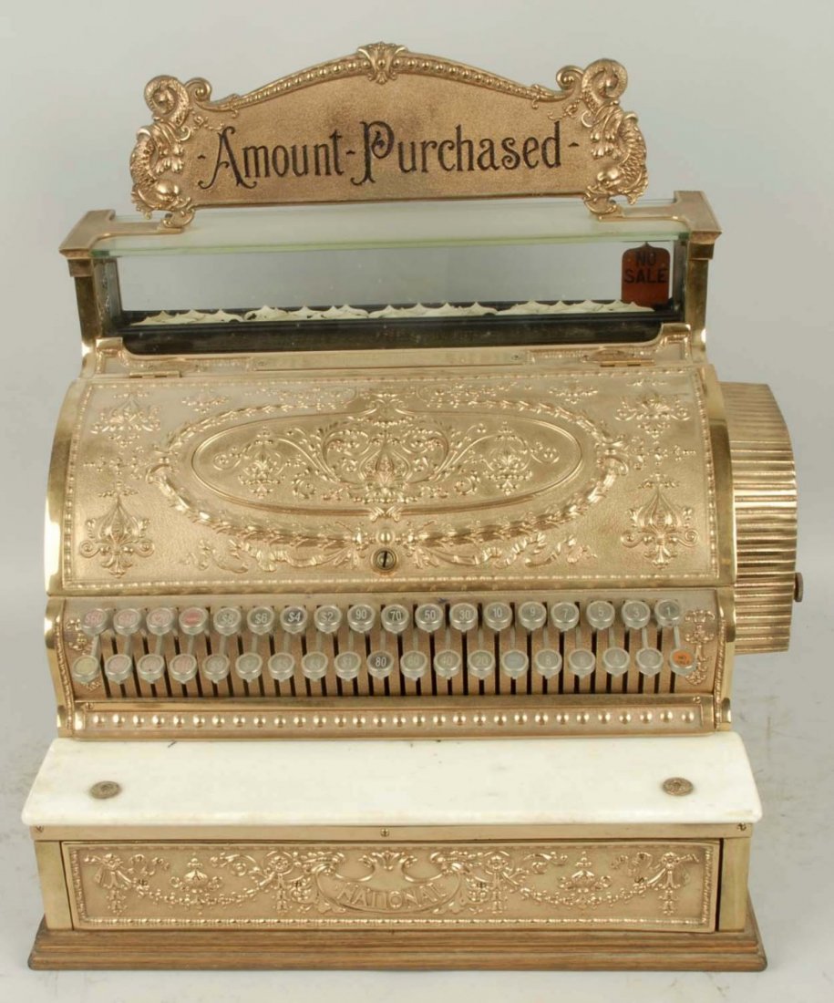 National 841 Wood Grain Metal & Wood Case.: Veneer case with some veneer damage. Original finish. Not functioning. No keys. Condition (Good). Size 24" T.