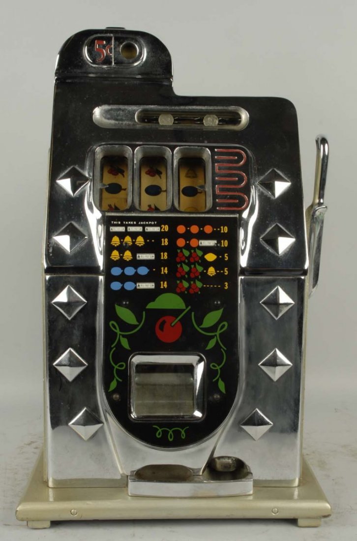 Mills 5¢ Slot Machine.: Chrome diamond front. Cast iron. Good restored. Original back door, lock and coin box. Condition (Good). Size 27" T.