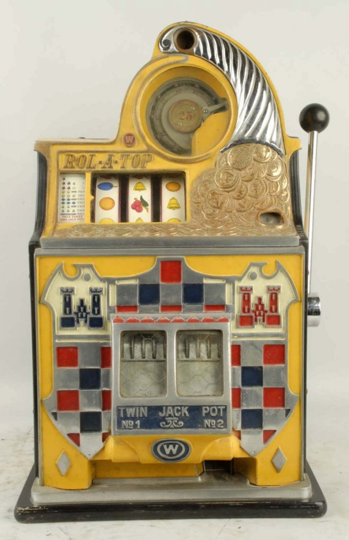 Watling 25¢ Checkerboard Roll A Top Slot Machine.: Plywood original case. Crack in top of upper casting. Good original condition. Plays and pays. Size 27" T.