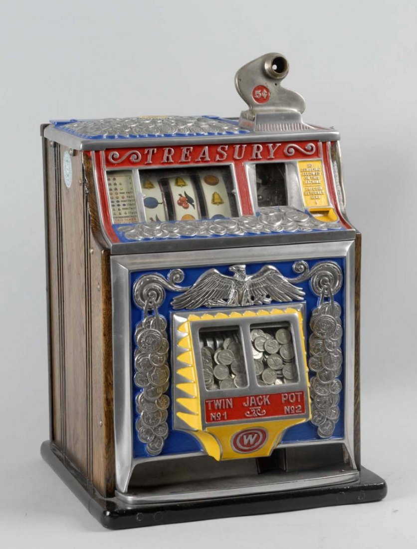 Watling 5¢ Treasury Slot Machine.: Older restoration. Plays and pays. Missing second coin overflow and window viewing ring. Size 25" T.