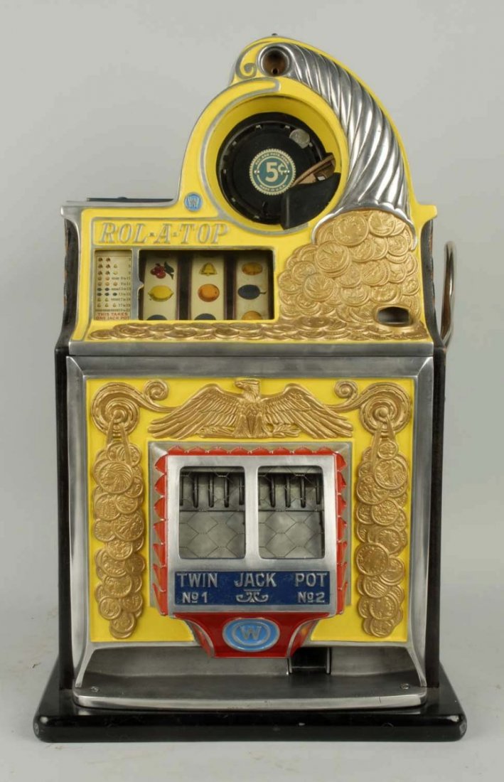 Watling 5¢ Slot Machine.: Older restoration. Plays and pays. Size 26 - 1/4" T.