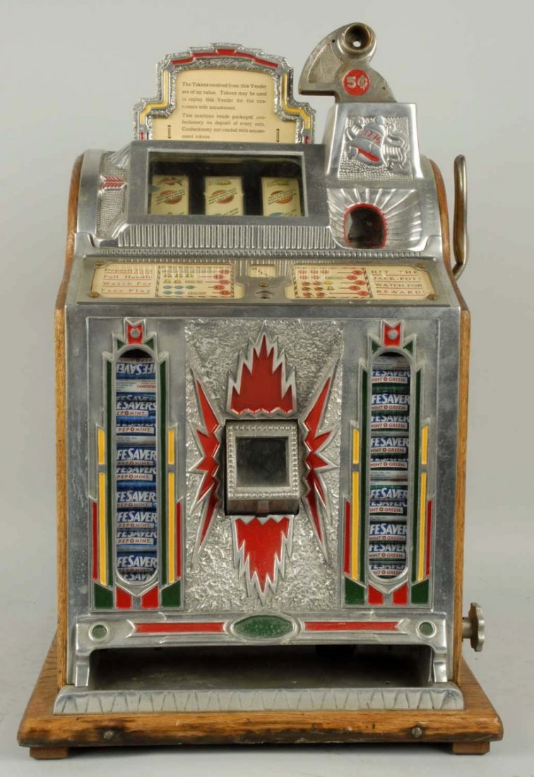 Mills 1930 5¢ Fok Jackpot Vendor Slot Machine.: Vendor functions. Plays and pays. Has cash box. New back door. Condition (Excellent). Size 26" T.