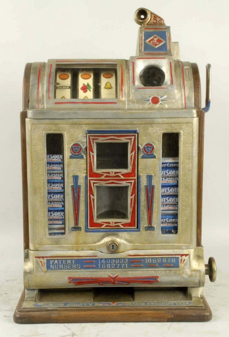 Jenning 1931 5¢ Victoria Vendor Slot Machine.: Original. No lower door. Upper door is correct. Vendor functions. Plays and pays. Condition (Good). Size 25" T.