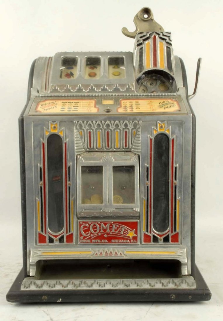 Pace Comet 1 Franc Fok 1935 Slot Machine.: With non working vendor. Original condition. Correct door and lock. Plays and pays. Condition (Good). Size 25" T.