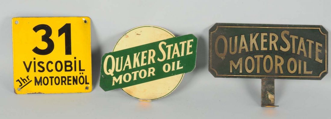 Lot of 3: Petroleum Related Advertising Pieces.: Includes two Quaker State Motor Oil lubster paddle signs, green one is very dark and stained, white one has wear and staining, Viscobil sign is single sided porcelain foreign sign minor chips around p