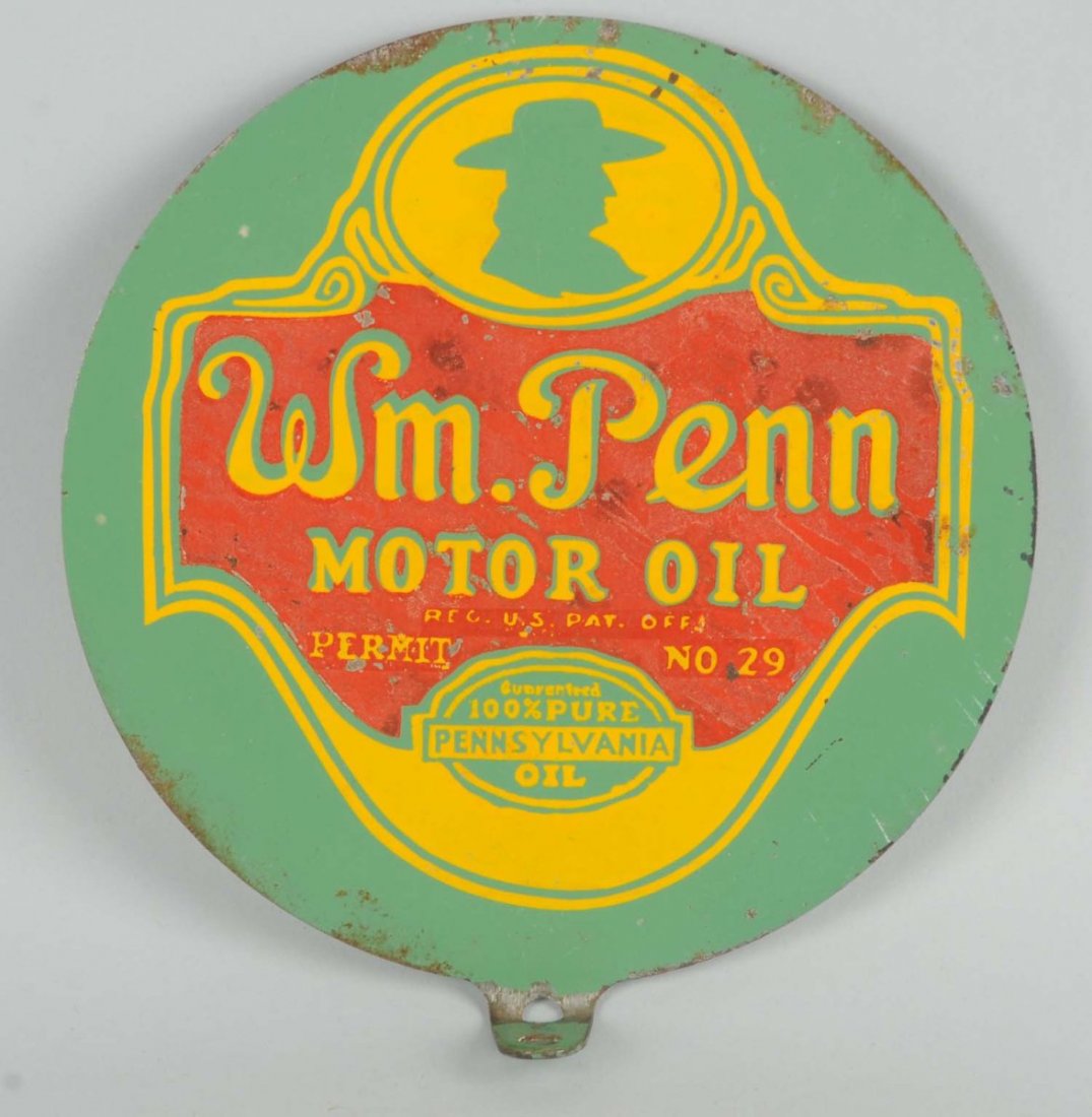 Williamm Penn Motor Oil Lubster Paddle Sign.: Double sided tin lubster paddle sign, yellow is vibrant, does have paint loss and wear, reverse has more paint loss. Condition (7.5). Size 7" Dia.