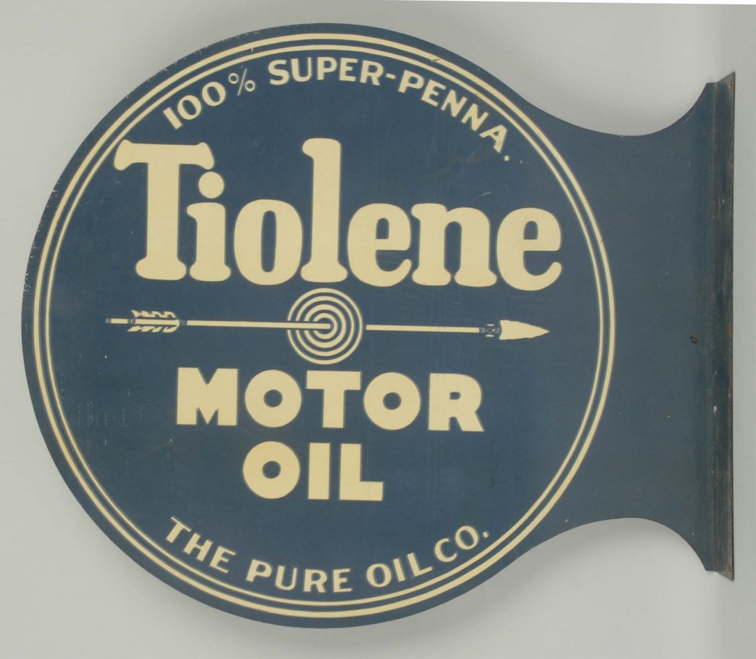 Tiolene Motor Oil with Arrow Logo.: Tin flange sign, display has light wear, reverse is has more wear and area of staining, marked Novelty Adv. co, Cochoston, Ohio. Condition (7.25 - 8.25). Size 18" x 20".