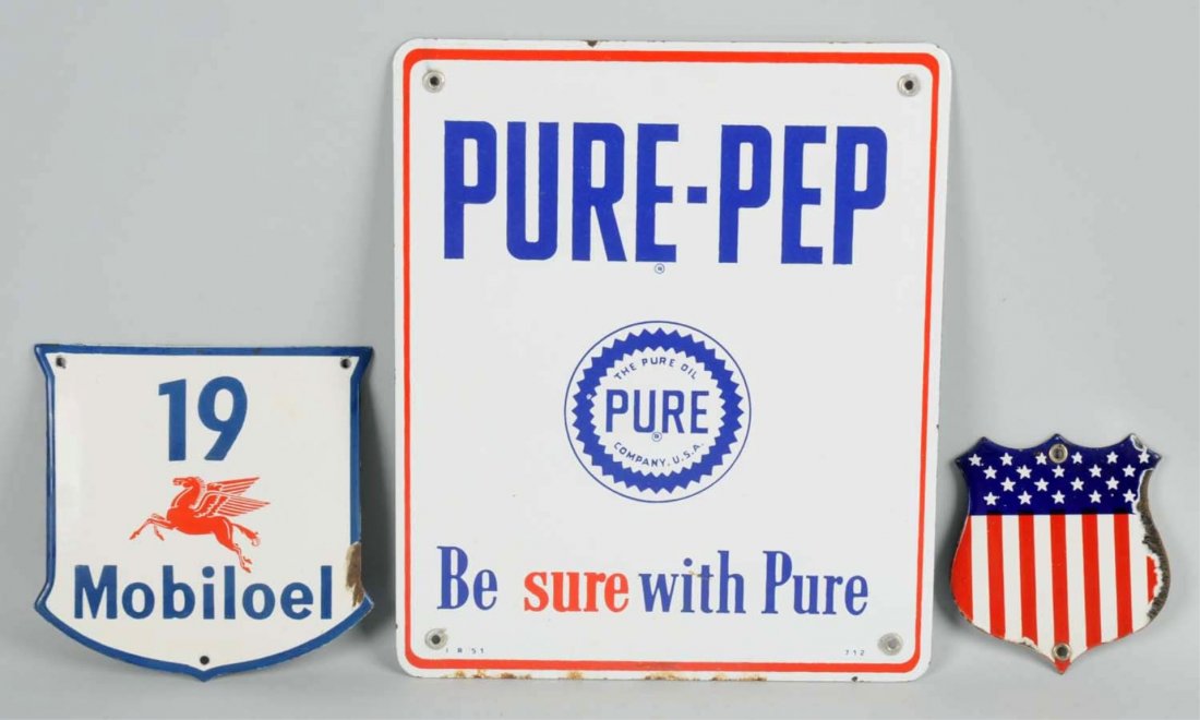 Lot of 3: Automotive Related Signs.: Three single sided porcelain items, includes Pure Pep porcelain pump plate, Mobiloel address tag, and American flag shield radiator tag, all have minor wear with chips around outside edge. Condition (
