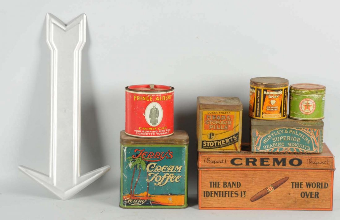 Lot of 8: Piece Miscellaneous Advertising.: Lot includes seven tins, Terry's Cream Toffee, Cremo Cigars, Huntley & Palmers Superior Reading Biscuits, MacDonald's Medium Smoking, Stotherts Head and STomach Pills, Prince Albert, and Texaco, also 