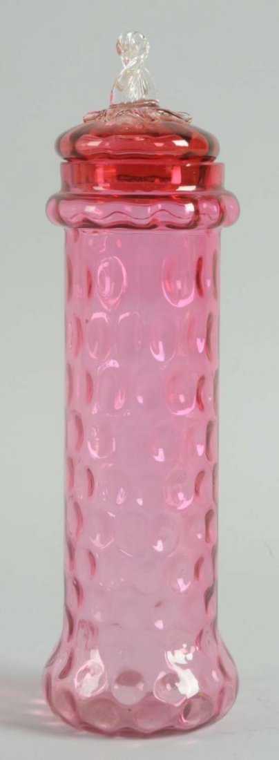 Cranberry Straw Holder.: Terrific. No chips or cracks present on the main body. Top is probably a replacement that has been ground down but blends in very nicely. Condition (Excellent). Size 12 - 1/2" T.