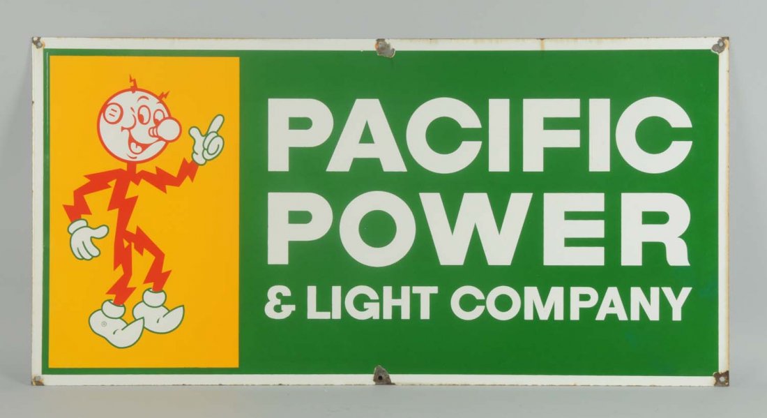 Enamel Pacific Power & Light Co. Sign.: Super color and shine. Has some chipping at the grommet holes. Has an image of Ready Kilowatt on the left hand side. Condition (Excellent). Size 48" x 24".