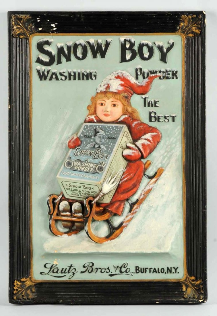 Snow Boy Washing Powder Sign.: Three dimensional sign. Minor paint loss. Plaster. Restored. Condition (Excellent). Size 33" x 22 - 1/4".