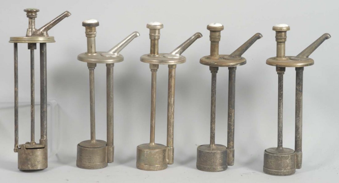 Lot of 5: Assorted Syrup Dispenser Tops.: All have porcelain caps. Two cherry, one orange, one lemon and one strawberry that is cracked. Very nice. Condition (Very Good). Size Each: 13 - 1/4" L.