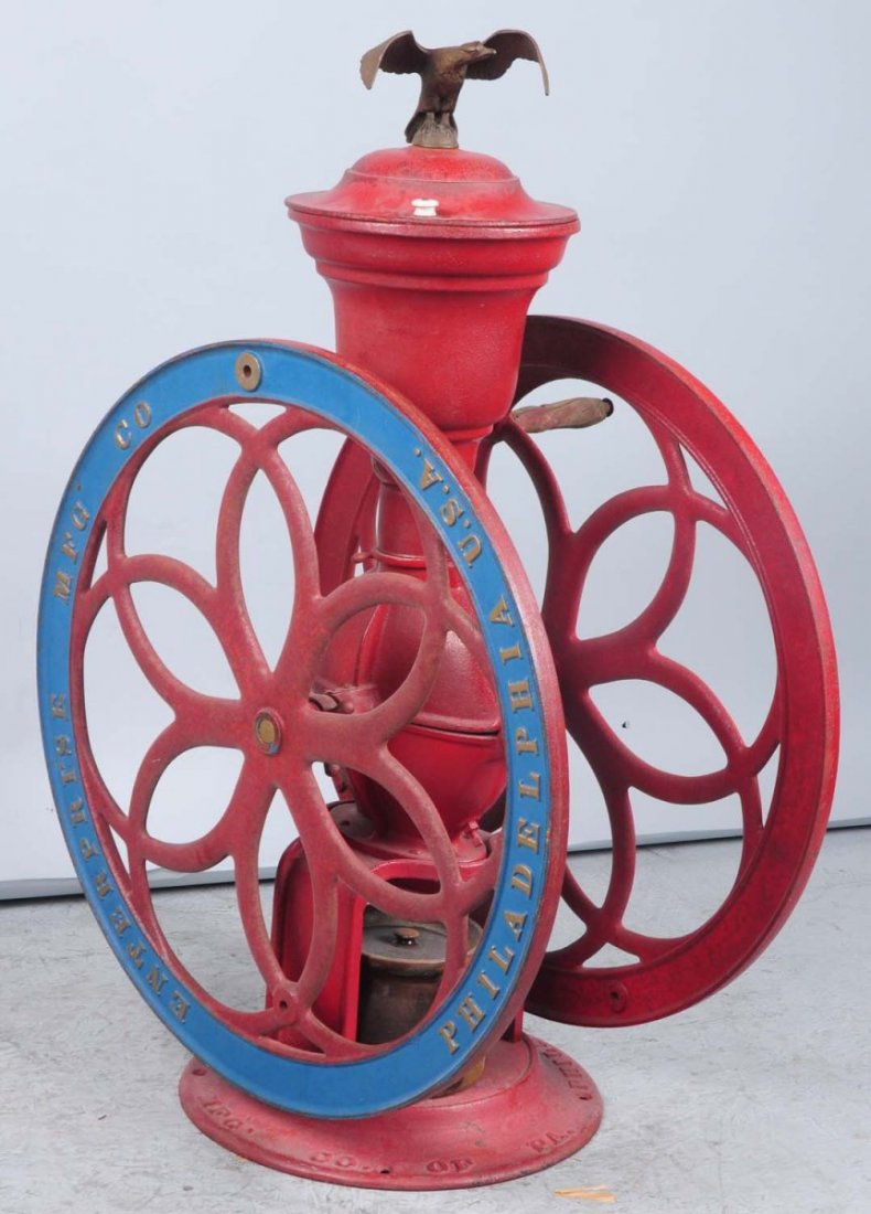 Oversized Enterprise Co. Coffee Grinder.: Large example. Early restoration. Original eagle. Condition (Excellent). Size 41" T.