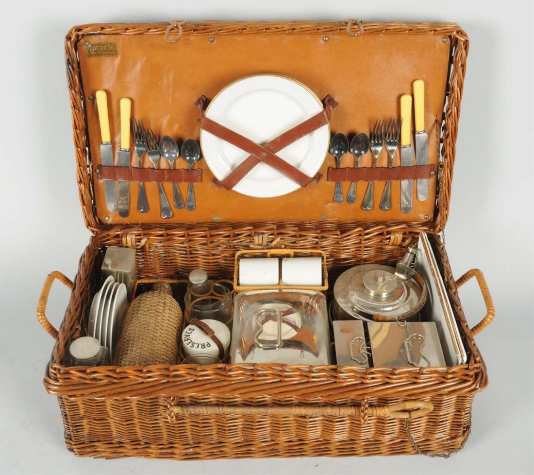 Picnic Basket with All Contents.: Believed new old stock. Contents look as new. Size 24" L.