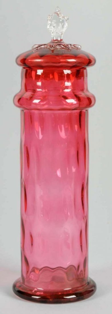 Straw Holder, Cranberry.: With cranberry glass lid. C.1900. Size 13" T.