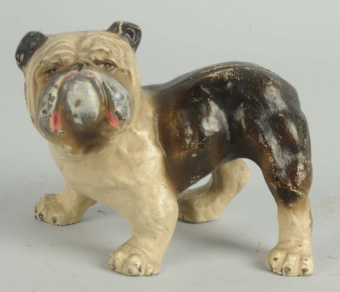 Cast Iron English Bulldog Doorstop.: Hubley, cat. No.460. Masterful casting of standing English Bulldog with head turned and great expression. Condition (Excellent Plus). Size 5 - 1/2" L.