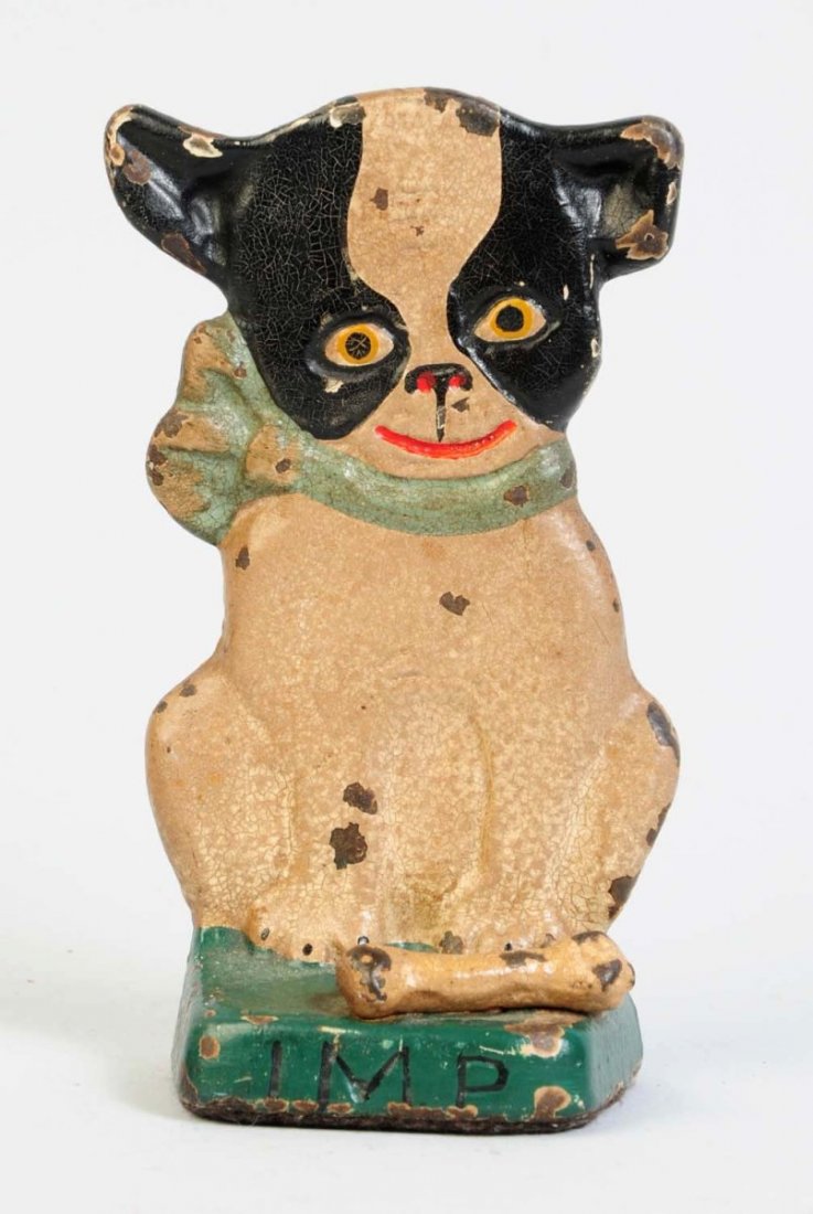 Cast Iron Boston Terrior with Bone Doorstop.: Child's doorstop with sitting pup wearing bow with bone at his feet. Signed, "Imp", "G.R., 1921". Made by Hubley, cat. #142. Grace H. Raynor design. Condition (Excellent). Size 5 1/4" T.