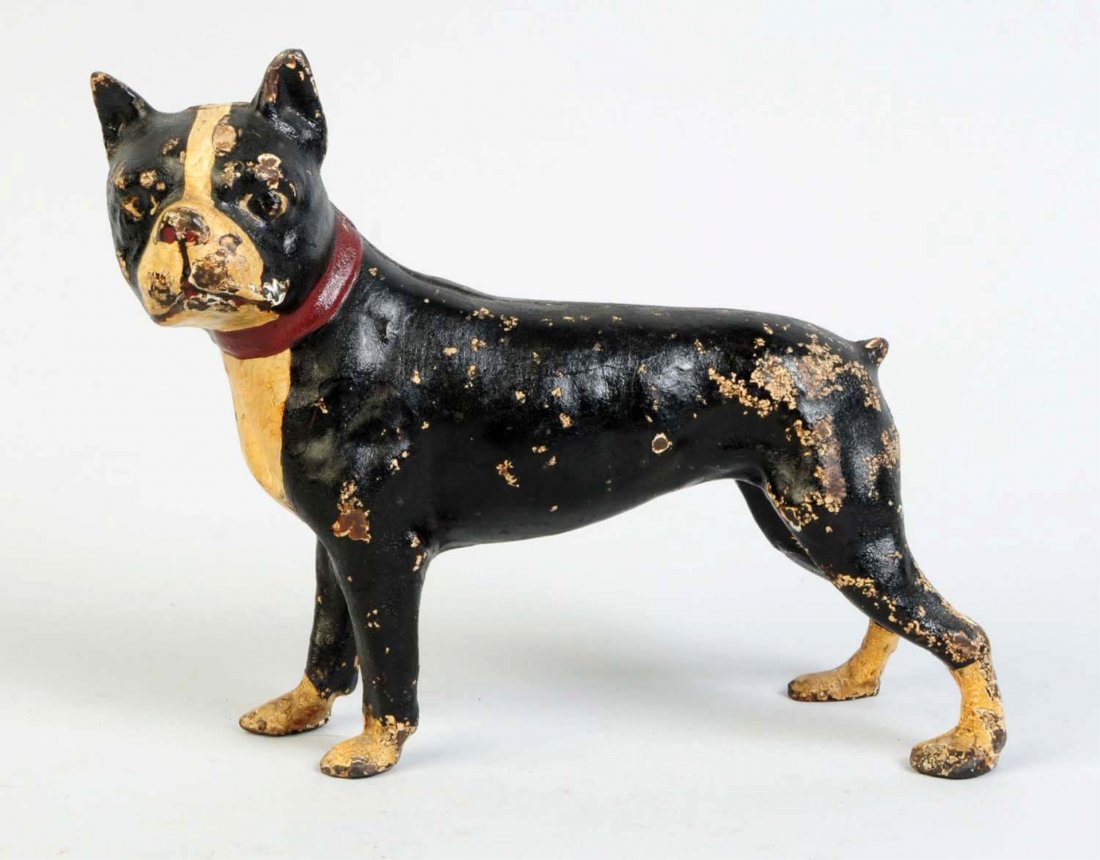 Cast Iron Standing Boston Terrier Doorstop.: Full-figure, signed on his collar, "Skoog". Made by Dutka Liebl Co. Foundry, Boston, Mass. Condition (Excellent). Size 7" T.