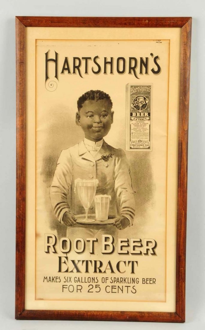 Hartshorn's Rootbeer Extract Advertising Poster.: Fantastic image of black boy serving up a glass of Hartshorn's Roobeer Extract. Comes in new frame. Condition (Excellent). Size Framed: 17" x 31".