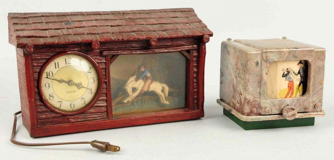 Lot of 2: Vintage Western Toys.: First is a wind-up plastic television toy. All original. Second is a Haddon Western Clock. Shows a cowboy on a bucking bronco. Is a Rancho all original. Condition (Excellent). Size Largest: 12" L.