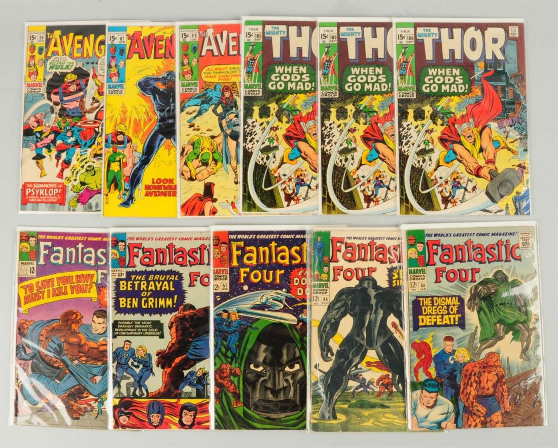 Lot of 11: 1960s Marvel Comics.: This lot includes the Avengers issues No.83, No.87, No.88 and Fantastic Four issues No.41, No. 42, No. 57, No. 58, and No. 64. Also includes three copies of The Mighty Thor No.180. Condition (Very Goo