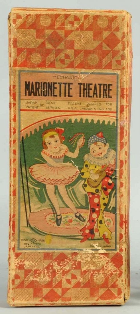 Tin & Celluloid Wind-up Marrionette Theater.: Pre-war Japanese toy. Toy is original with both figures. Does have original cardboard marquee. Comes with original box. Some litho loss to the box and darkening. Condition (Very Good - Excellent). Siz