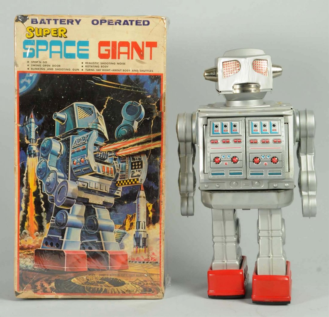 Japanese Battery Operated Super Giant Robot.: Robot is all original and complete. Does have some slight edge wear throughout. Does come with original box which has some creasing, tearing and staining. Condition (Very Good - Excellent). Size 16" T