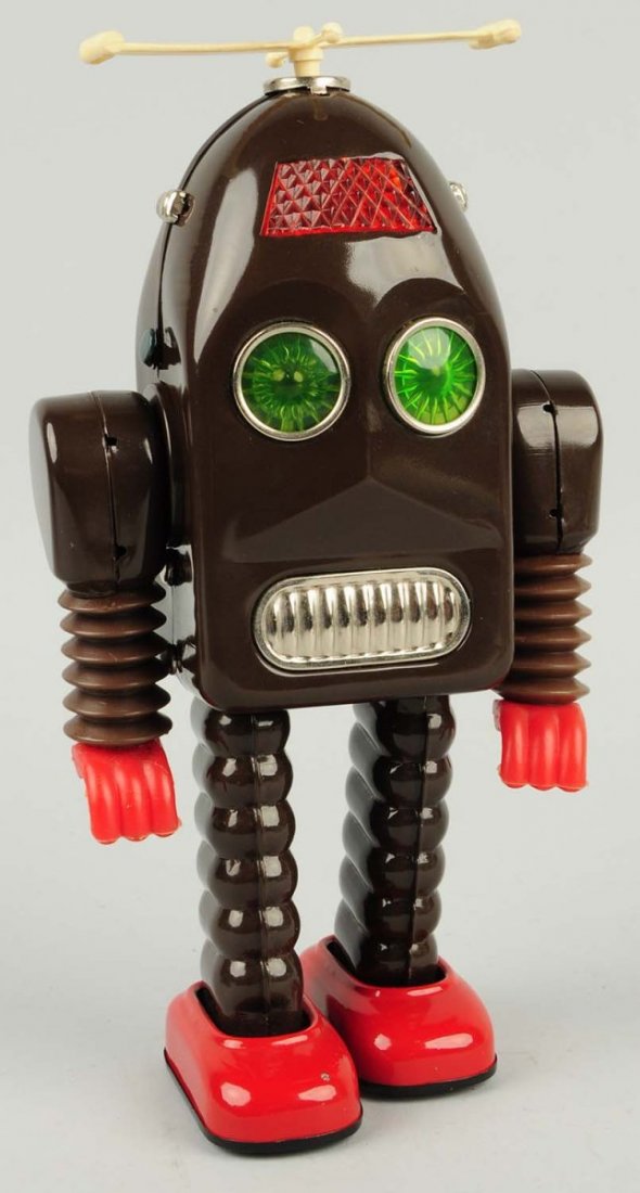 Japanese Tin Battery Operated Thunder Robot.: Robot is all original and complete. Including original antenna and hands. Very minor, minor chipping throughout. Excellent color. Condition (Excellent - Near Mint). Size 11 - 3/4" T.