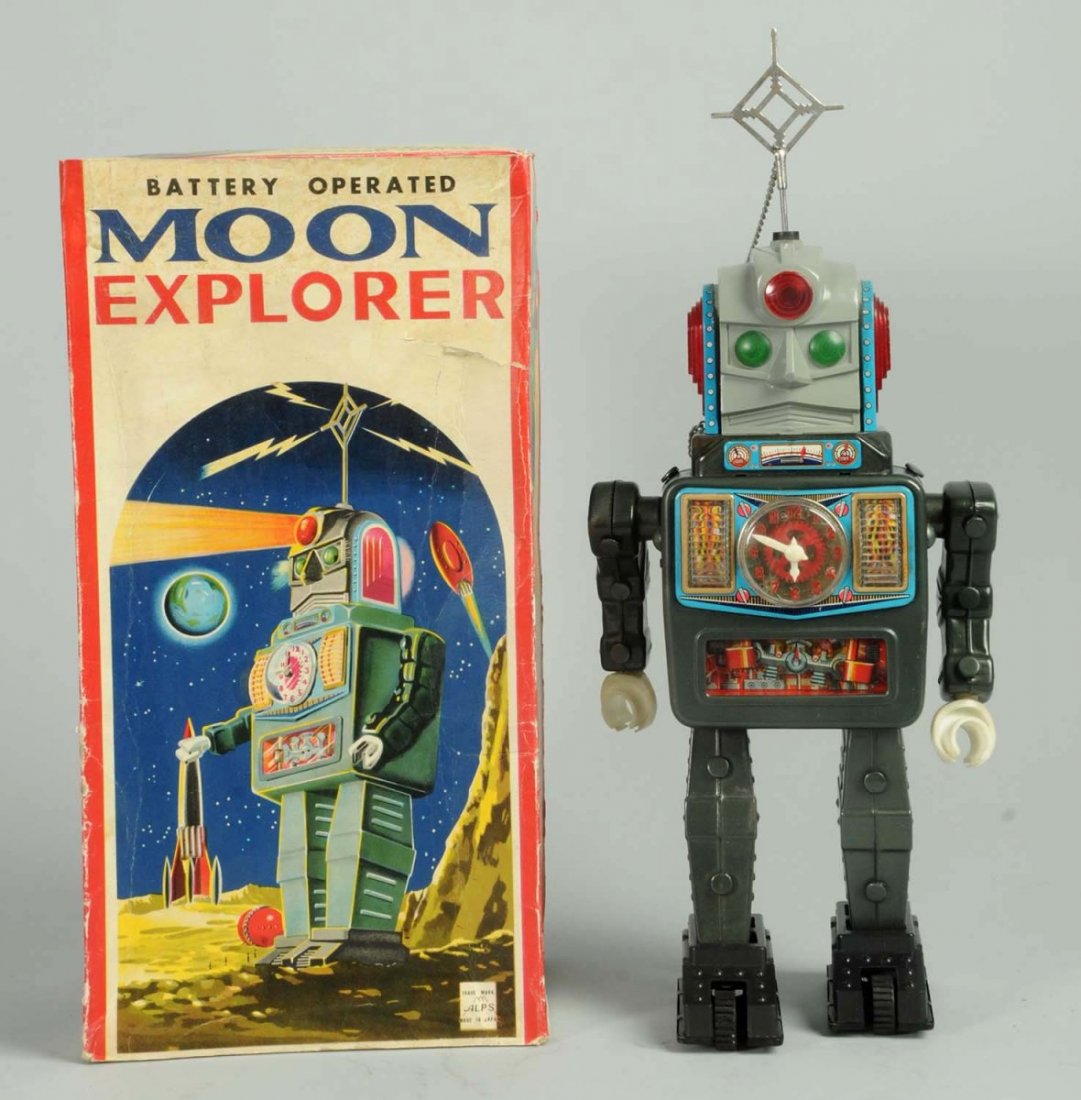 Alps Battery Operated Moon Explorer Robot.: Robot is all original and complete. Does have original key. Almost unplayed with condition. Comes with its original box. Original box does have some creasing and edge wear. Condition (Excellent). Size