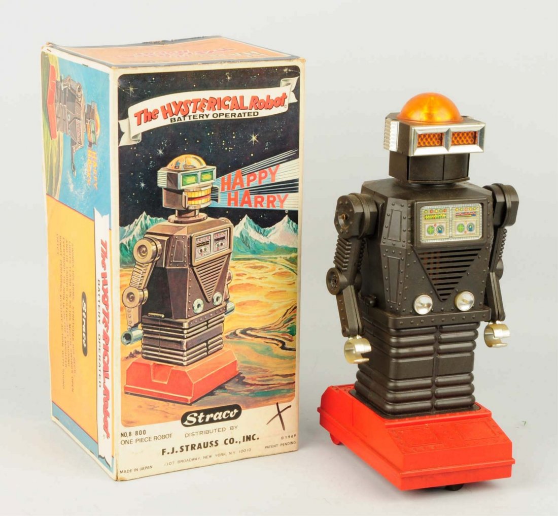 Japanese Battery Operated Hysterical Robot.: Includes original box marked 1969 Straco. Distributed by F.J. Strauss Co., New York. Box has cardboard inserts. Lid has some creasing and wear. Very little wear to robot. Scarcer version of the laughi