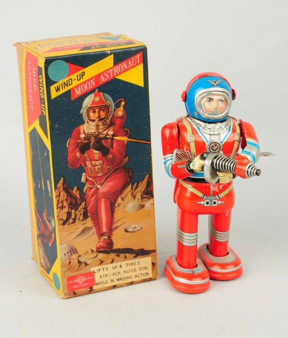 Japanese Tin Litho Wind-up Moon Astronaut.: Includes scarce colorful original box. Marked Diaya made in Japan. Box is complete but has one split between side and end flap and some slight creasing to bottom of box. Robot has some slight litho lo