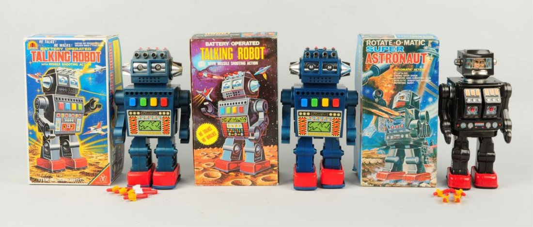 Lot of 3: Vintage Battery Operated Robots.: First is a Rotomatic Super Astronaut toy is all original and complete. Second is a battery operated plastic talking robot made in Japan. Complete in original box with inserts. Last is a battery operat