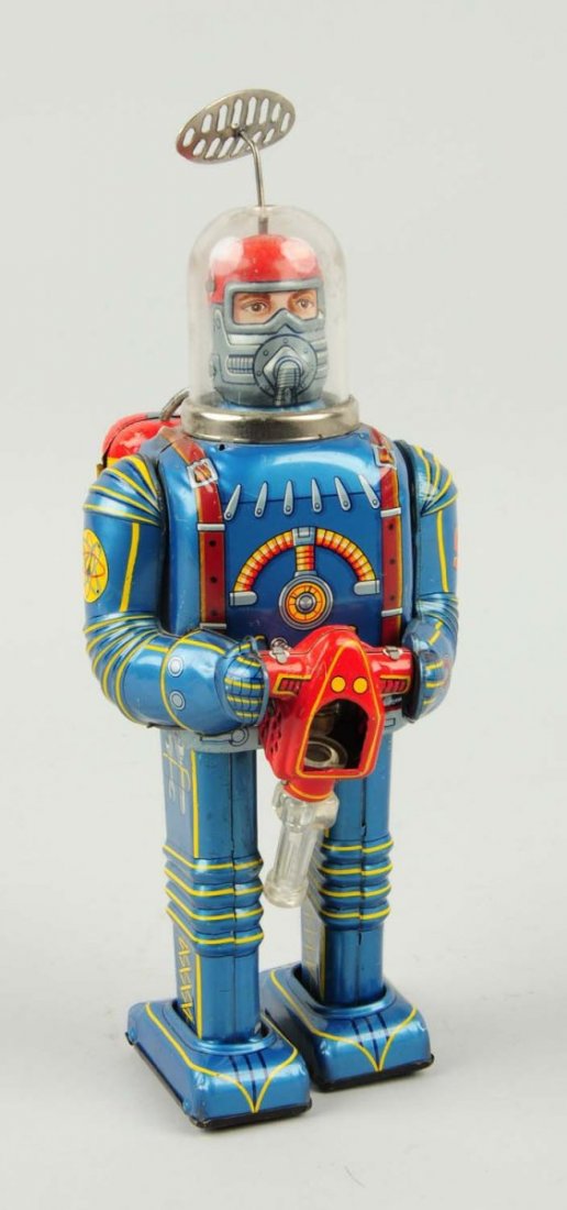 Vintage Space Battery Operated Conqueror Robot.: Toy is all original. Is missing the red cello on the space gun. Antenna appears to be a correct replacement. Does have some scratching and wear throughout. Condition (Very Good). Size 10 - 3/4" T.