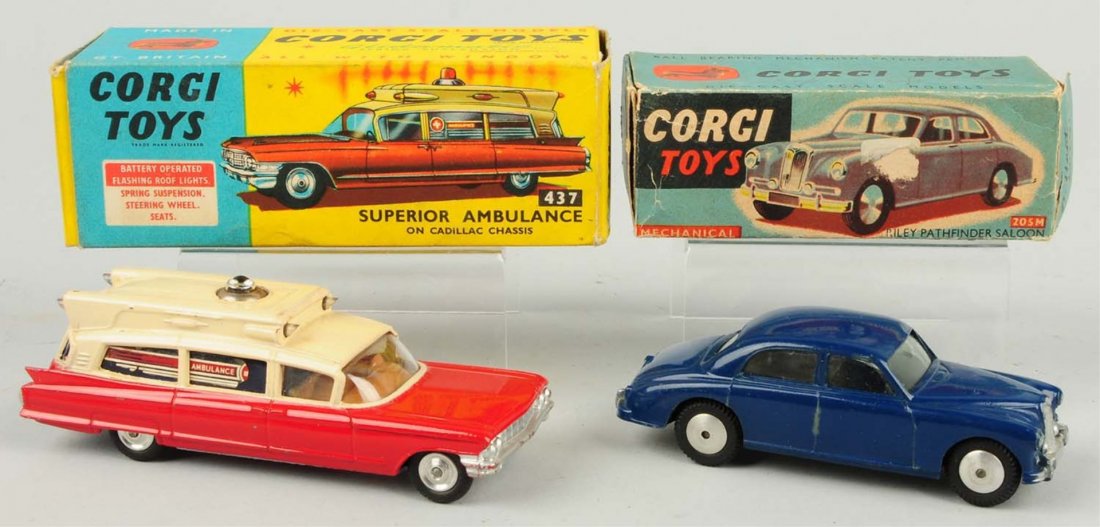 Lot of 2: Die Cast Corgi Automobile Toys.: Both in original boxes. One is a No.205M Riley Pathfinder Saloon car. Second is a No.437 Superior Ambulance on Cadillac chassis. Some creasing, paper loss and one flap off of one Pathfinder box. Other