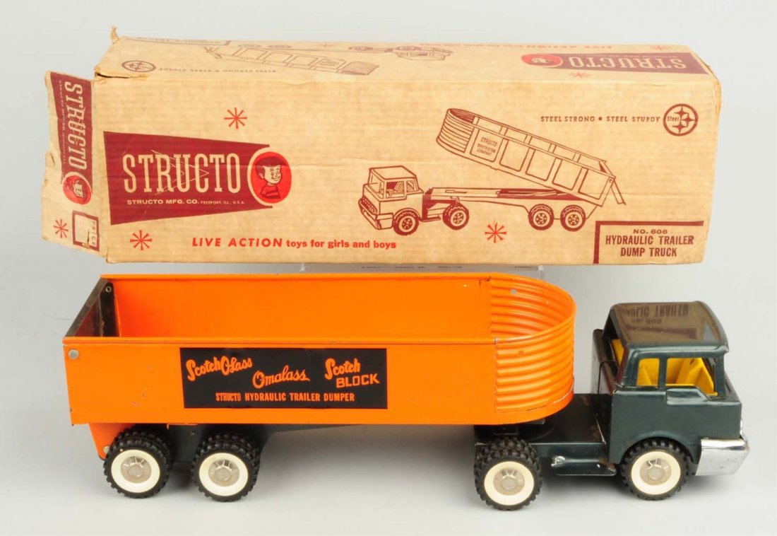 Pressed Steel Structo "Private Label" Dump Truck.: Scarce. Includes original box marked No.606 Hydraulic Trailer Dump Truck. Box does have some creasing and tearing but is complete. One outer flap is detached but is present. Truck has labels on side t