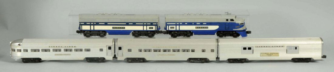 Lionel O27 Gauge Wabash Passenger Train Set.: Includes set box marked 1955. Includes No.2367 Wabash power unit and a No.2367C B unit. Three aluminum passenger cars. No.2530 Silver Cloud, No.2351 Silver Dawn observation car, and a No.2530 REA car.