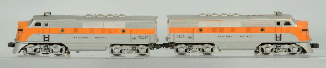 Lionel O Gauge Western Pacific A & B Units.: Post war. Includes No.2355 power unit and No.2355T B unit. Both have original boxes and in master carton. Power unit has cardboard insert. Decal on power unit slightly chipped. Both A & B units in nee
