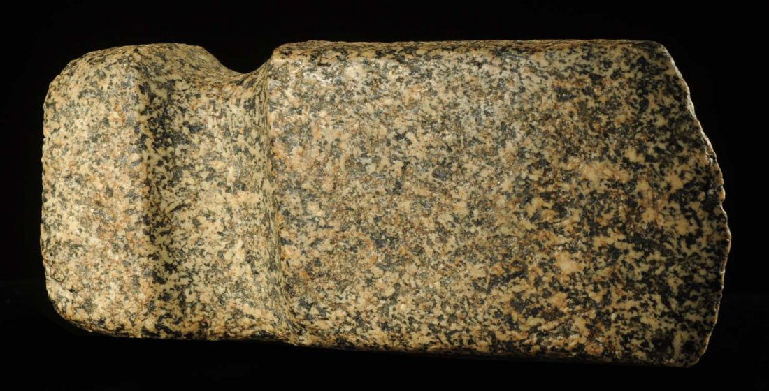 Three Quarter Groove Axe.: Archaic 7000 - 6000 B.P. Boone Co., Iowa. Speckled granite. Classic example of an Iowa square axe. With a well-polished and defined groove. Bit has several chips and general wear. Size 4 - 3/4" x 2" x