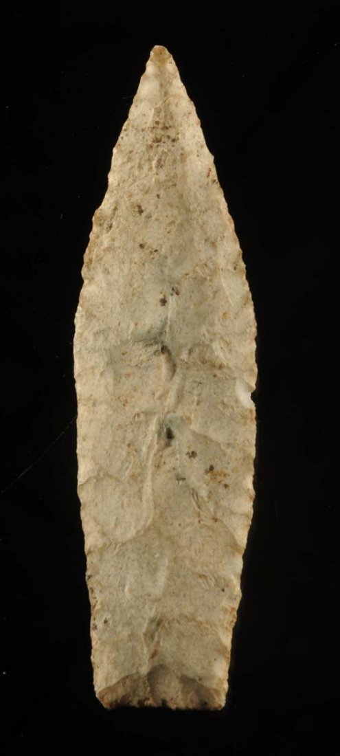 Sedalia Point.: Mid-Late Archaic 5000 - 3000 B.P. Made of a quartz-included, heavily weathered Burlington chert. Nice lanceolate form with a slight tip chip. Size L. 4 - 3/4" x W. 1 - 1/4".