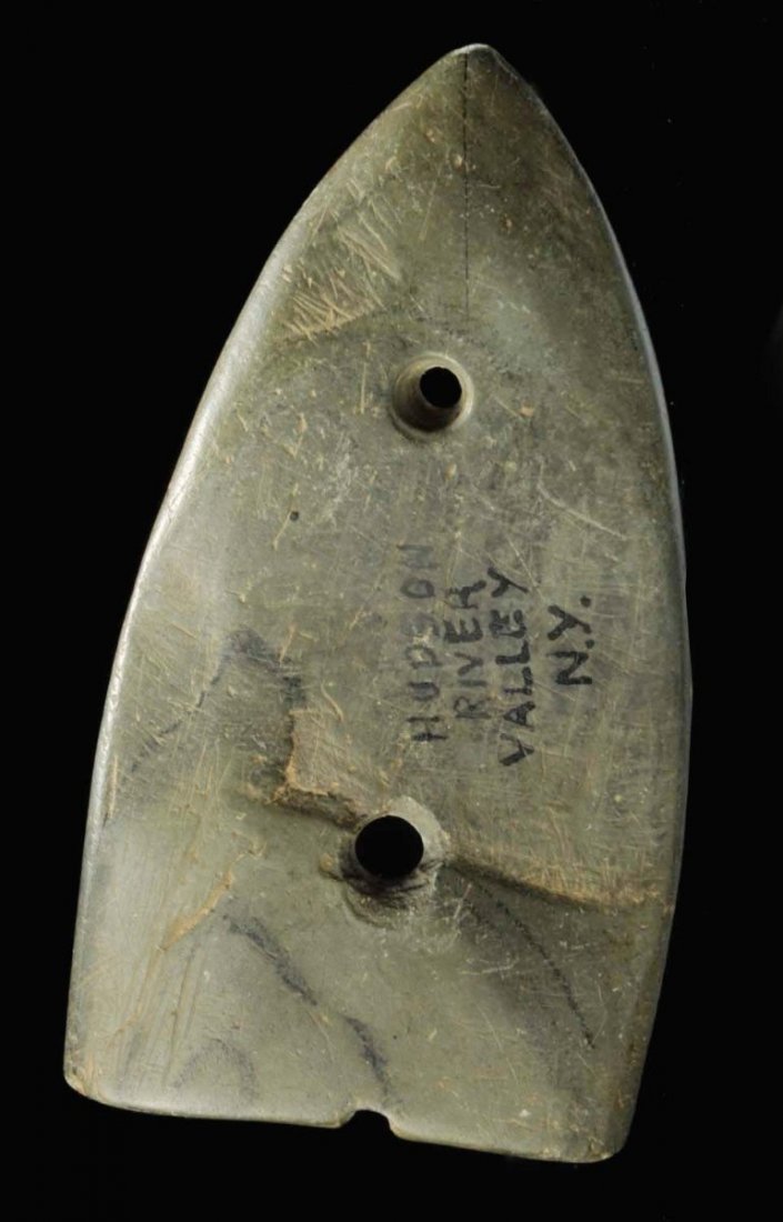 Sandle Sole Gorget.: Cameron Parks collection. New York. Slate. Has been salvaged and reworked from larger piece. Size 3 - 1/4".