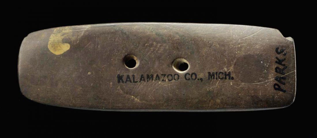 Gorget.: Cameron Parks collection. Kalamazoo Co., Michigan. Slate, chip on one corner, Parks No.319. Size 4 - 3/4".