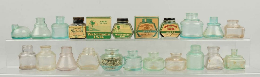 Lot of 20: Ink Bottles.: This lot includes 20 assorted small ink bottles. Condition (Very Good). Size Largest: 2 - 1/2" T.