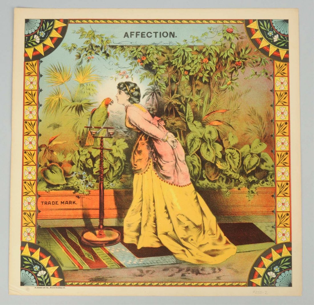 Affection Tobacco Crate Label.: This Affection tobacco crate label has great color and imagery. Condition (Excellent). Size 11" x 11".