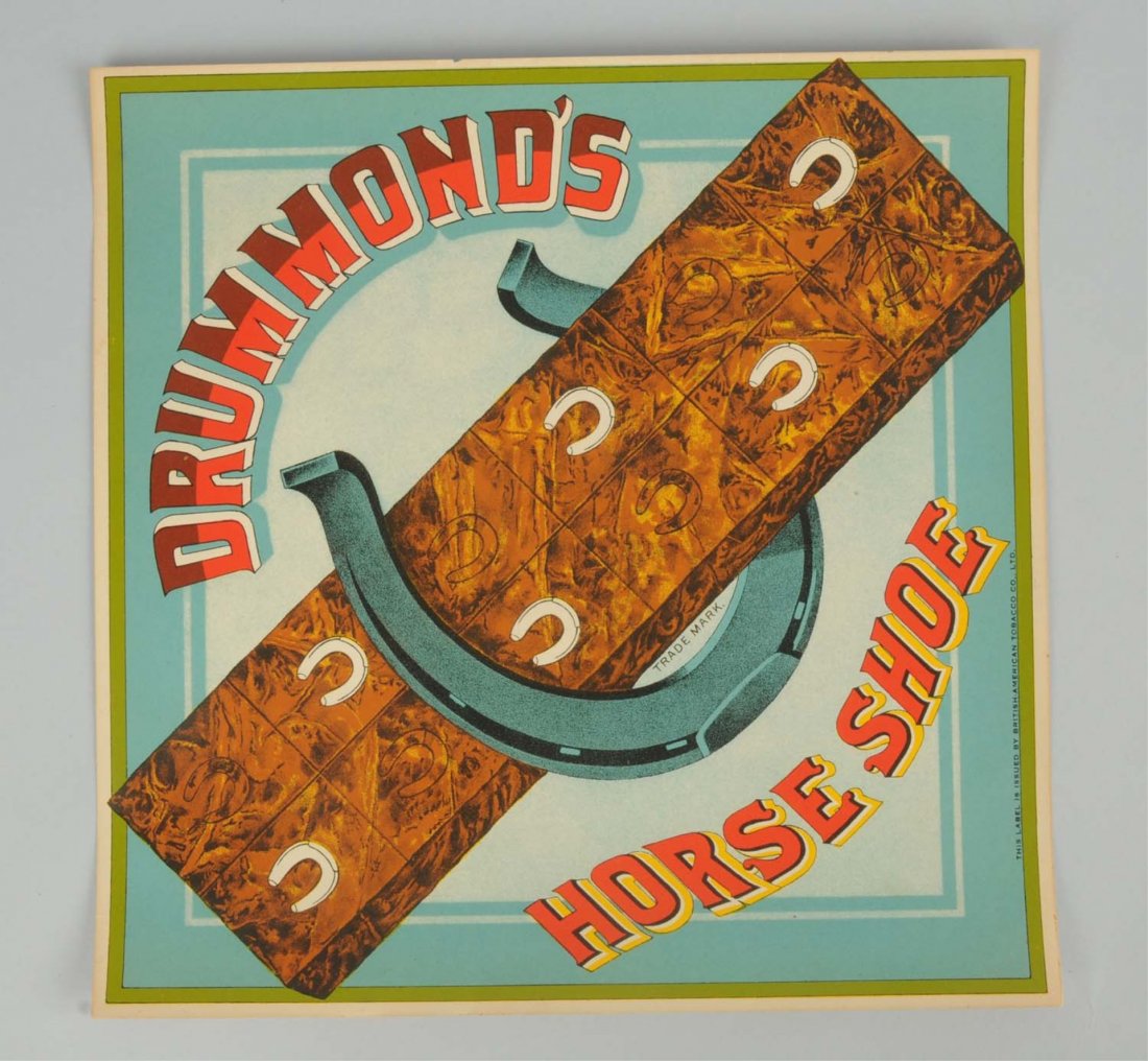Drummond's Horse Shoe Tobacco Crate Label.: This Drummond's Horseshoe tobacco crate label has great color and imagery. Condition (Excellent). Size 11" x 11".