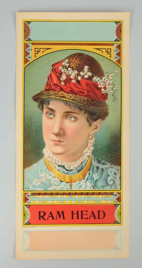 Ram Head Tobacco Crate Label.: This Ram Head tobacco crate label has great color and imagery. Condition (Excellent). Size 6 - 3/4" x 14 - 1/2".