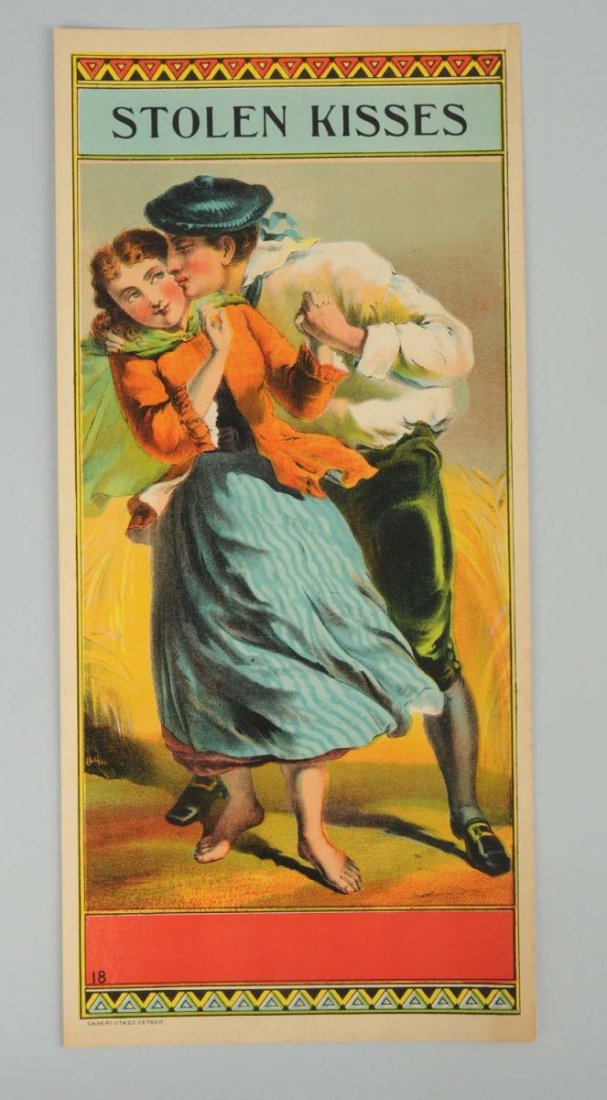 Stolen Kisses Tobacco Crate Label.: This Stolen Kisses tobacco crate label has great color and imagery. Condition (Excellent). Size 6 - 1/2" x 14".