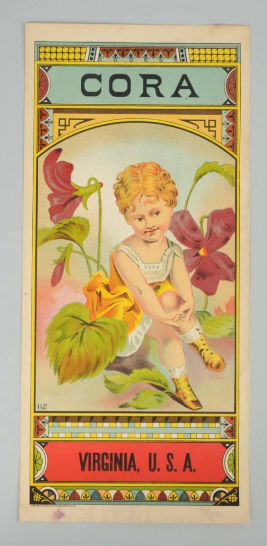 Cora Tobacco Crate Label.: This Cora tobacco crate label has great color and imagery. Condition (Excellent). Size 6 - 1/2" x 14 - 1/4".